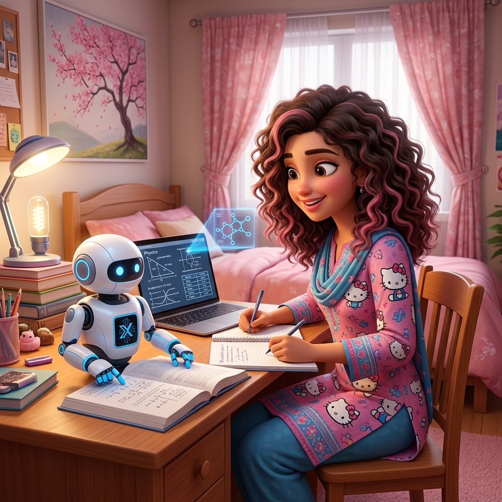 A botrix bot helping an ambidextrous teenage girl with homework